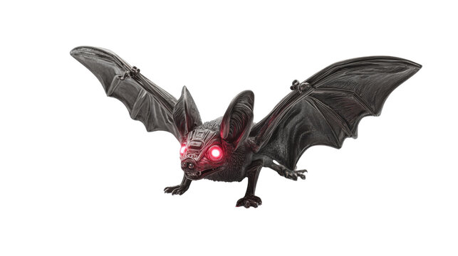 Futuristic Robotic Vampire Bat With Glowing Red Eyes Dark Mechanical Creature Sci Fi Halloween Fantasy Design 3D Render Isolated On White Background