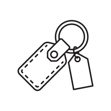 Minimalist line art icon of a finished leather key fob with keyrings and tag.