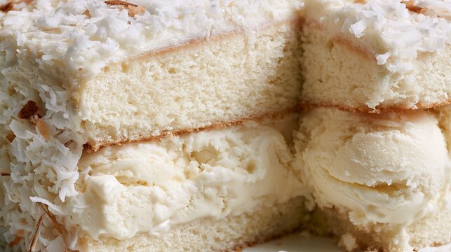 Fluffy coconut cake with creamy frosting and shredded topping, sliced to reveal a soft interior, perfect for a sweet dessert concept