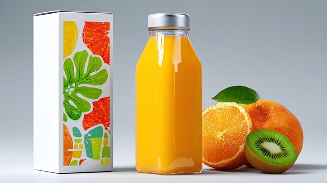A vibrant orange juice bottle beside a carton with fruit illustrations, accompanied by orange and kiwi slices