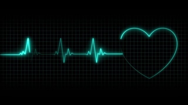 Turquoise neon heartbeat waveform forming a glowing heart on a digital medical grid, cardiovascular pulse monitoring concept with luminous lines 4K black background visuals