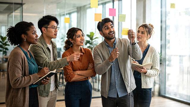 The team is gathered around a large transparent glass wall covered with colorful sticky notes, sharing ideas, organizing concepts, discussing strategies, and actively contributing to a project.