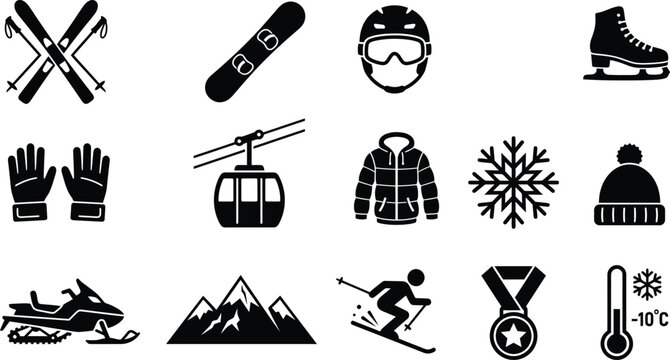 Set of winter sports and ski resort equipment black silhouette icons including skis snowboard helmet and cable car with skis poles