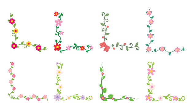Delicate floral corner frames collection. Flat vector illustration of thin botanical edge borders for romantic wedding stationery.