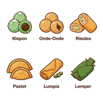 Collection of traditional Indonesian snacks and street food appetizers illustration set featuring jajanan pasar