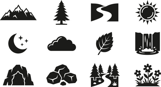 Set of nature landscape and environment black silhouette icons featuring mountains trees river sun and weather pine tree moon stars forest path