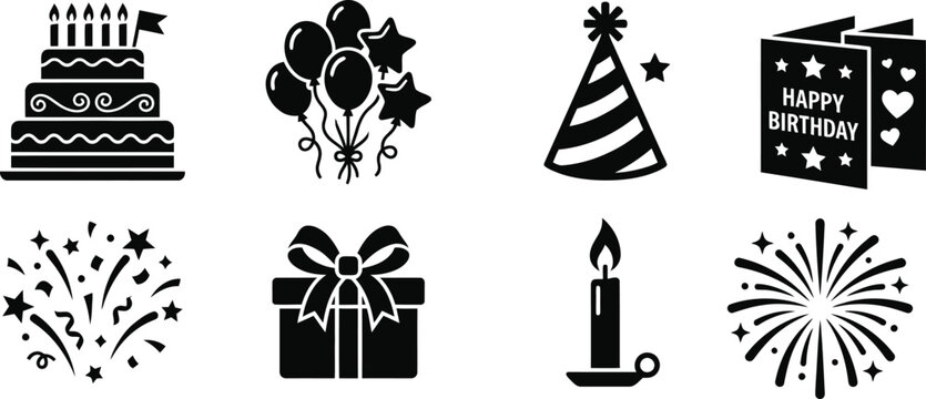 Set of birthday celebration icons featuring cake balloons party hat card fireworks gift and candle in black silhouette style gift box fireworks