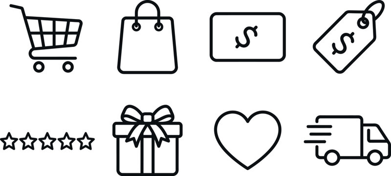 Set of outline shopping and commerce icons including cart bag credit card price tag stars gift heart and delivery truck with commerce symbols