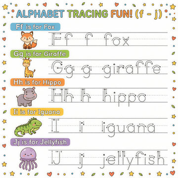 A tracing alphabet worksheet (f,g,h,i,j,k) for children with animal theme