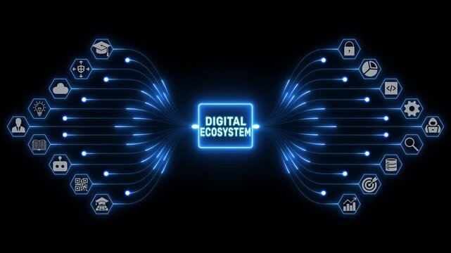Digital ecosystem with connected business icons and luminous data pathways forming a futuristic network interface on black background, 4k visuals