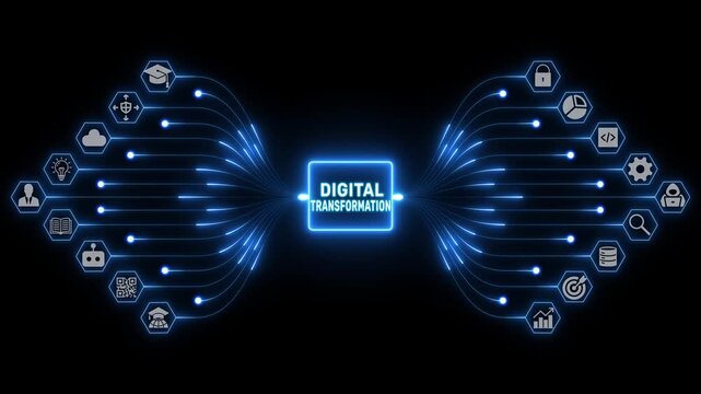 Digital transformation with linked technology icons and glowing data pathways across a business network on black background, 4K black background visuals