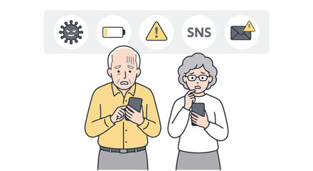 Fototapeta premium Elderly Couple Feeling Confused and Overwhelmed While Using Mobile Devices Illustrating Digital Literacy Challenges and Modern Technology Security