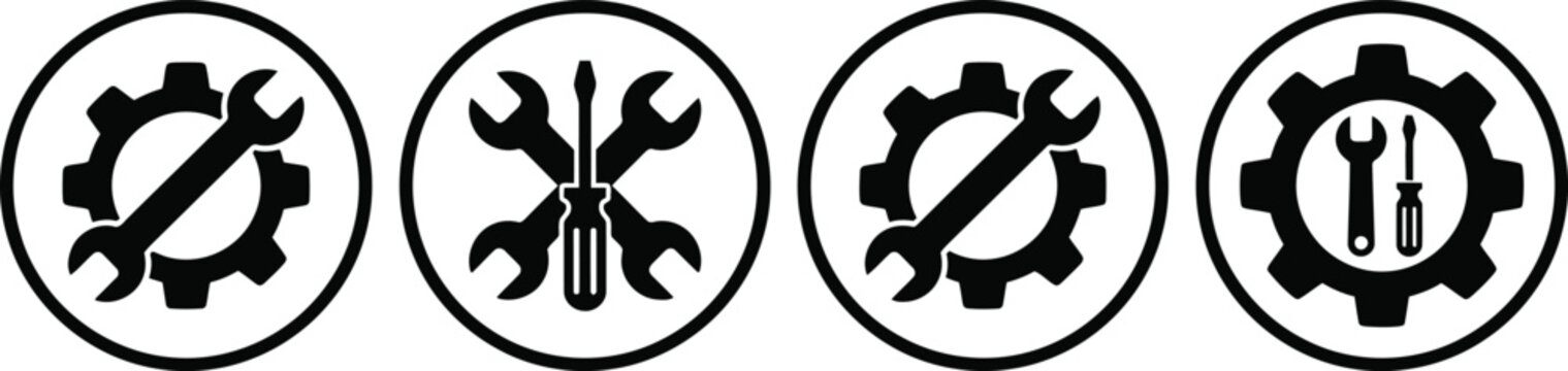 Set of circular mechanical and repair tools icons featuring gears spanners and screwdrivers in black silhouette vector design