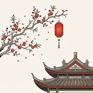 Traditional chinese temple with red hanging lantern and cherry blossoms