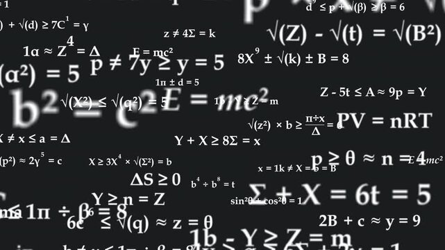 Mathematics and physics formula equation dynamically animate background with alpha channel, animation complex science, math, education, and complex poblem solving concepts. Motion design.