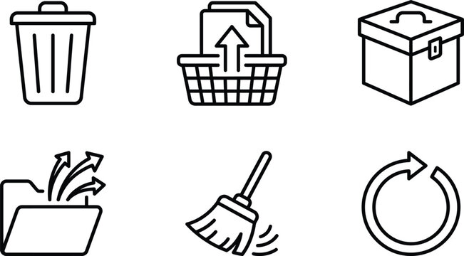 Set of outline office and file management icons including trash bin basket document storage box folder broom and reload symbol with folder icon