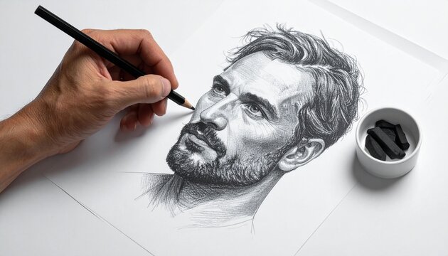 Artist hand sketching a detailed charcoal portrait of a handsome bearded man on white paper using traditional drawing tools for creative art.