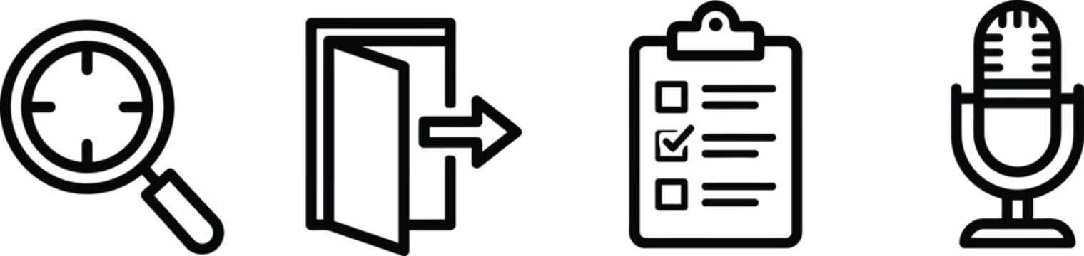 Set of outline technology and productivity icons including search magnifier door exit checklist clipboard and microphone with technology symbols
