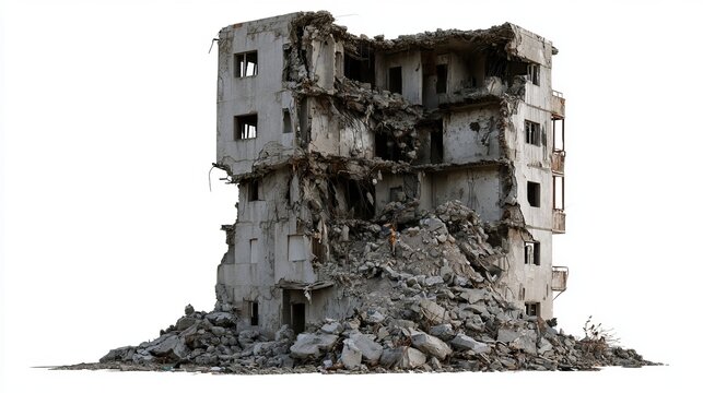 Ruined apartment building with collapsed floors and debris, isolated on white, concept for destruction, resilience, urban decay, and rebuilding