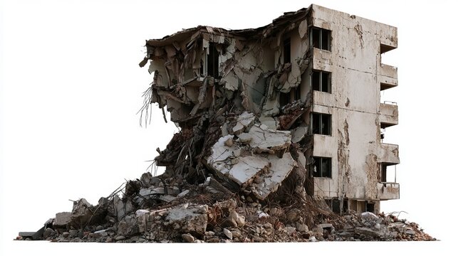Collapsed concrete structure displays rough, fractured surfaces and scattered debris against a stark white background, ideal for representing urban decay concept