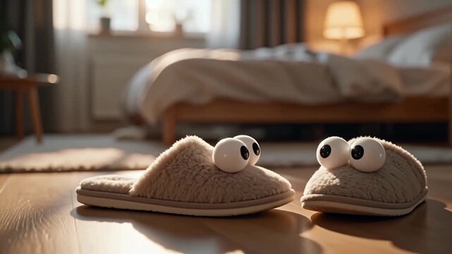 A pair of slippers with googly eyes one slipper slowly sliding toward