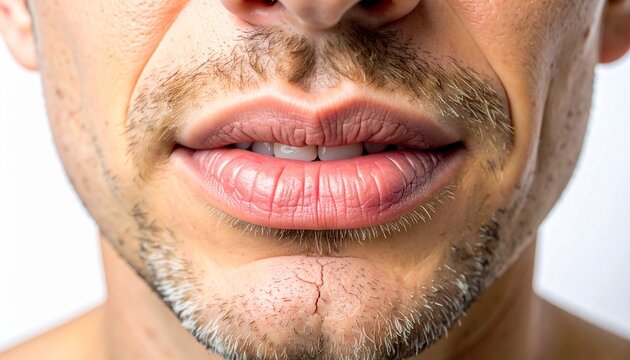 Extreme close up of a man with dry chapped lips and facial stubble showing skin texture details for male beauty and grooming skincare concepts.