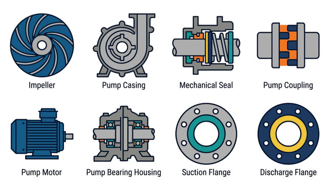 Detailed vector icons showing pump parts like impeller motor and seals. Clean blue and orange technical illustration. Perfect for industrial engineering and maintenance manuals.