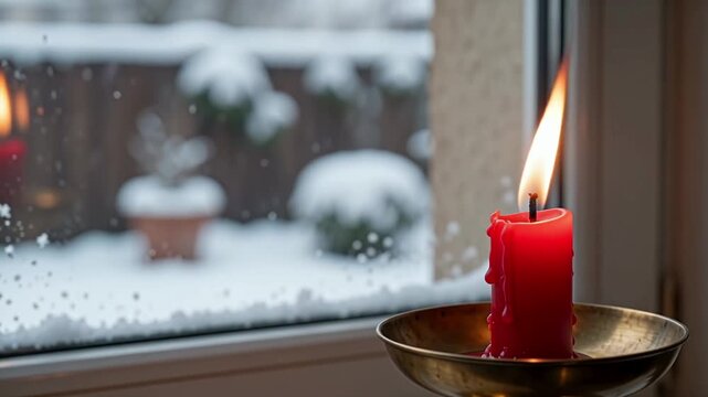 A one crimson candle in a brass holder flame bending gently as if