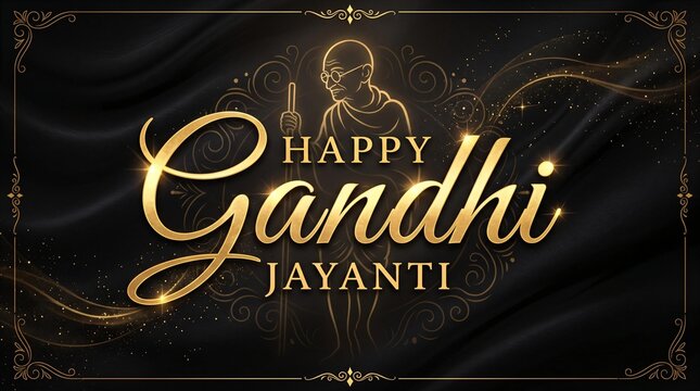 Elegant Happy Gandhi Jayanti Golden Calligraphy Animation on a Flowing Black Silk Background.