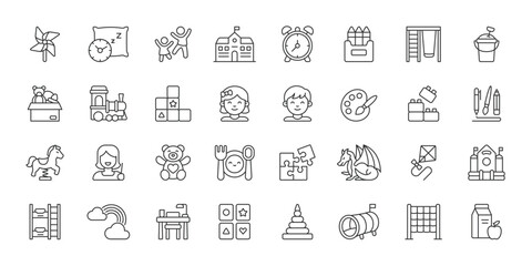Obraz na płótnie Canvas Kindergarten icons in line design. kindergarten, preschool, kids, teacher, toys, learning, classroom on white background vector. Kindergarten editable stroke icons.
