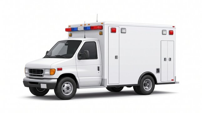 3D render of a white ambulance van with red and blue emergency lights on top. Side and rear doors visible, isolated on white background.