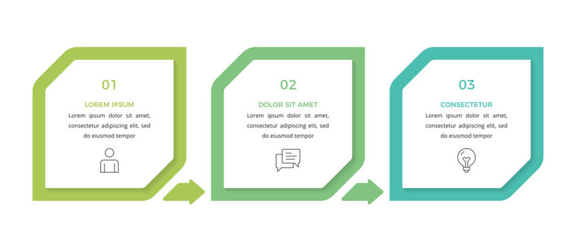 Horizontal process flow infographic template featuring three numbered square blocks connected by small arrows