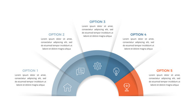 Semicircular arc infographic template features five numbered segments, ideal for representing sequence stages or choice structures in a clean layout