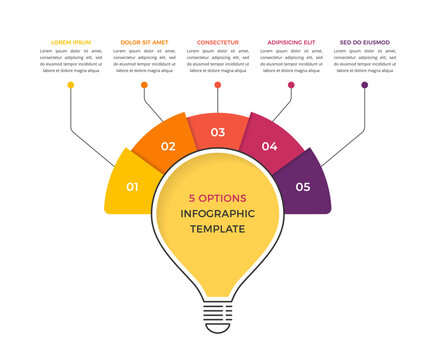 Light bulb infographic template featuring five numbered segments arranged in a radial arc