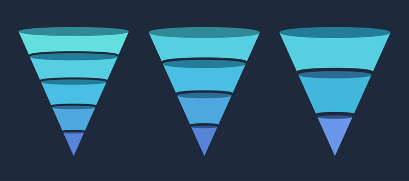 Set of three conical funnel infographic templates featuring three, four, and five horizontal segments