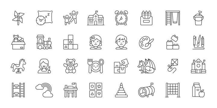 Kindergarten icons in line design. kindergarten, preschool, kids, teacher, toys, learning, classroom on white background vector. Kindergarten editable stroke icons.
