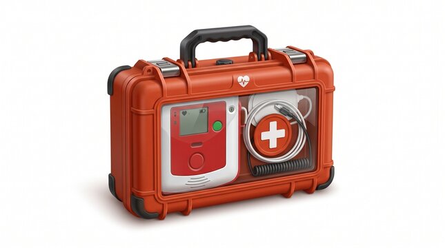 Orange portable AED case with black handle. Contains a red and white defibrillator with screen, cables, and pads behind a clear window, on white background.