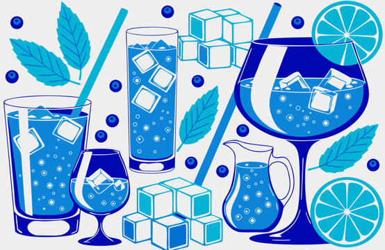 Cool blue icy drinks with ice cubes, mint leaves and citrus slices in glasses, playful flat vector illustration of refreshing cold beverages