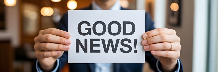 Fototapeta premium Businessman presenting a white sign with a clear message of good news to share exciting developments