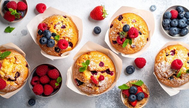Top view of delicious homemade berry muffins served with fresh raspberries and blueberries on a light textured background for breakfast menu.
