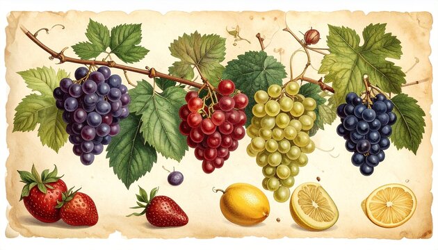 A beautiful vintage botanical illustration featuring various types of fresh grapes strawberries and lemons arranged on an old parchment background.