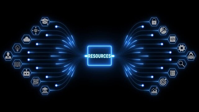 Resources concept with business icons and luminous blue pathways showing organized asset management and resource flow on a dark digital background