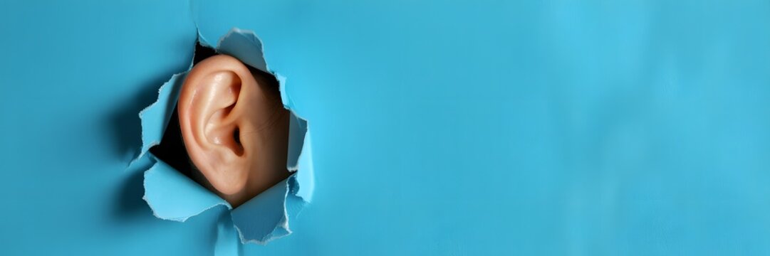Curious human ear peeking through a torn hole in vibrant blue paper, symbolizing listening and secrets