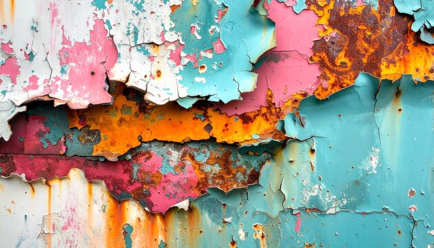 Abstract background featuring layers of peeling vibrant paint and rust textures on an old metal surface creating a colorful distressed pattern.