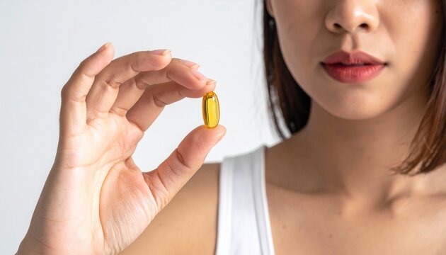 A young woman holding a golden yellow omega three fish oil capsule between her fingers as part of a daily healthy routine for wellness support.