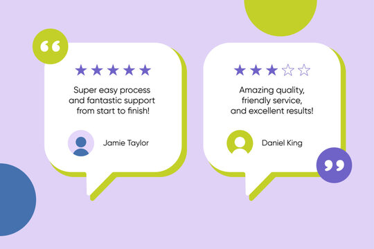 Testimonial review template with rating stars customer quotes feedback cards and speech bubbles