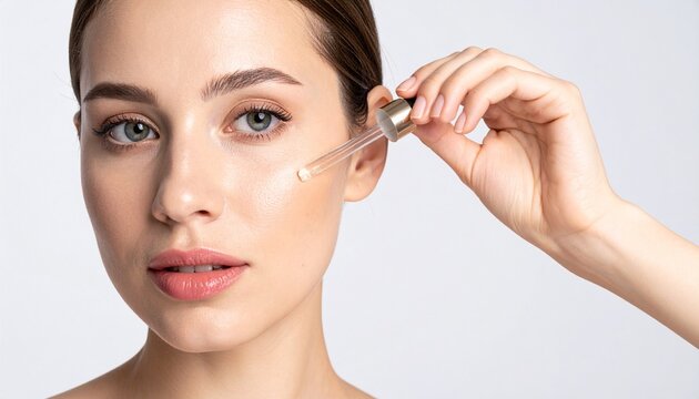 A beautiful young woman applying a moisturizing facial serum with a glass dropper for healthy glowing skin in a professional studio setting.