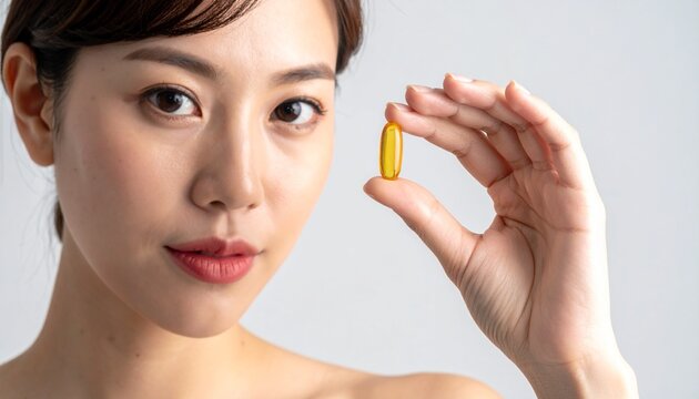 Beautiful young Asian woman holding a golden supplement pill for health wellness beauty and skincare routine isolated on white background studio.