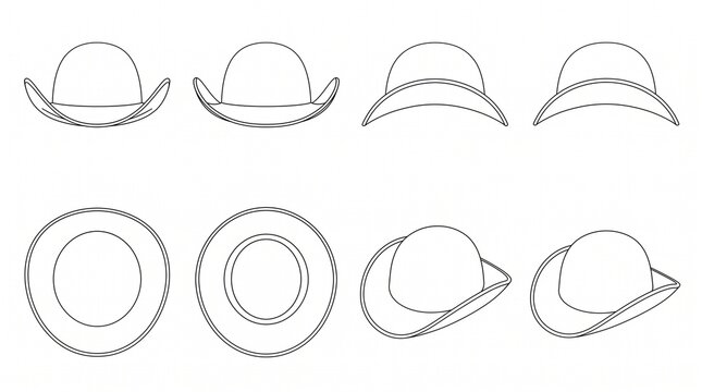 Set of Hat Outline Illustrations in Different Perspectives for Fashion Design and Technical Drawing