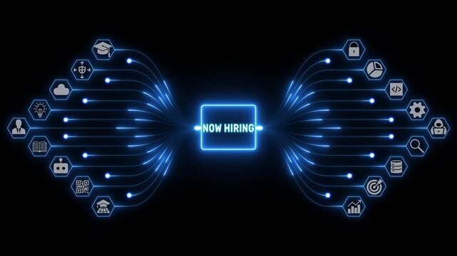 Now hiring with connected recruitment and business icons linked by glowing digital pathways in a futuristic employment network, 4K black background visuals